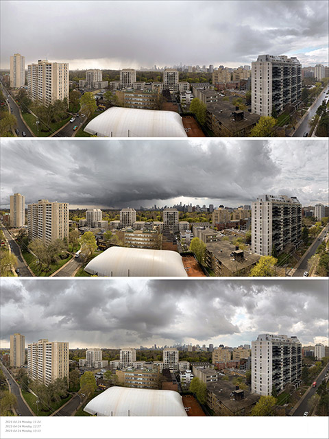 April 24, 2023 — Mid-spring storm progression: light rain and low ceiling, a dramatic shelf cloud draped over downtown at mid-day, then broken showers with brighter patches as the front moves through.