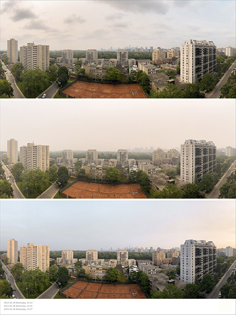 June 28, 2023 — Wildfire-smoke day: a muted grey morning beneath high haze, a midday plume so thick it nearly erases the skyline, and a soft evening with a faint orange cast as light filters back.